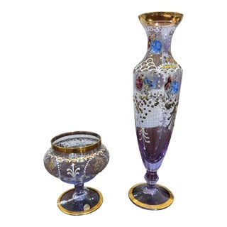 1950s Tino Luvie Murano Lot of 2 Signed Alexandrite Gold Gilt Floral Enamel Vases For Sale
