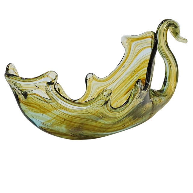 Late 20th Century Mid-Century Hand Blown Murano Art Glass Swan Dish in Green and Copper Swirl For Sale - Image 5 of 9