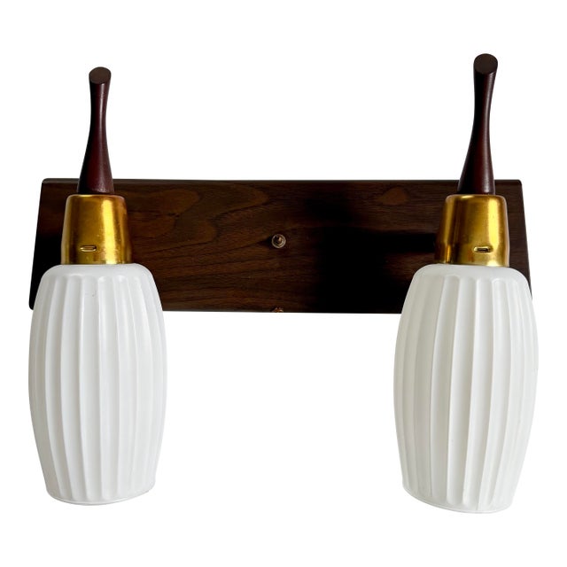 1960s Mid Century Modern Rosewood & Fluted Glass Double Wall Sconce For Sale