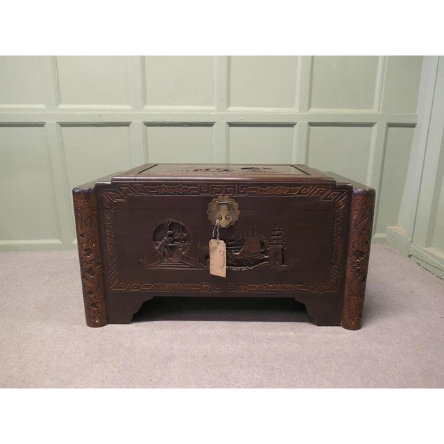 Art Deco Carved Dark Camphor Wood Chest, 1920 For Sale - Image 4 of 8