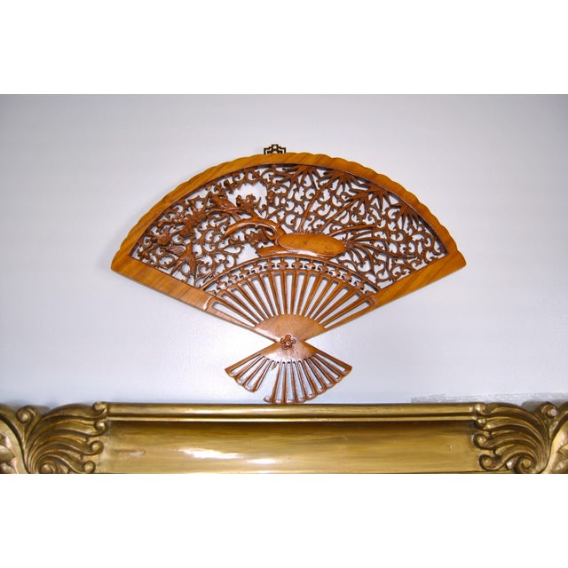 Japanese Rosewood Scuptured Wall Fan With Cherry Blossom Birds and Bamboo Trees For Sale - Image 4 of 9