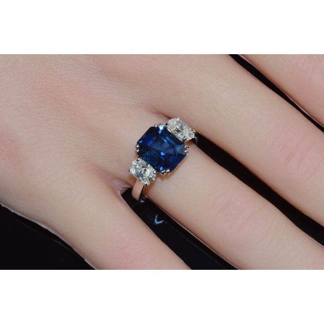 Early 21st Century Gia Certified Natural 5.11cts VVS F Diamond Royal Blue Sapphire 950 Platinum 3 Stone Ring, Size 6.75 For Sale - Image 5 of 12