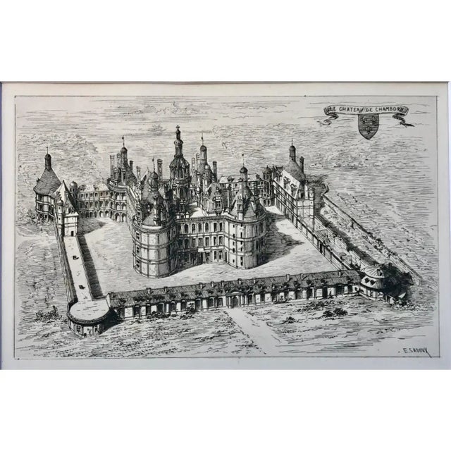 The School of Paris Antique Etching Ariel View of French Chateau Chambord by E. Sadoux C. 1860 For Sale - Image 3 of 7