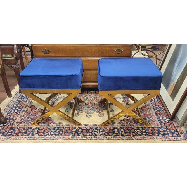Blue Pair Brass X Stools in Blue & Gold For Sale - Image 8 of 9