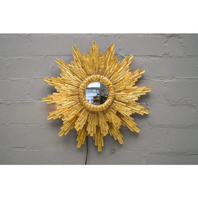 Wood Mid-Century Illuminated Sunburst Mirror, 1950s For Sale - Image 7 of 7