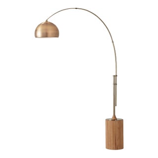 Peter Morelli 1980s Half Dome Brass Floor Lamps - Mid Century Modern Arc Lamp, Tambo Weathered Brass Steel, Natural Ash Wood Base For Sale