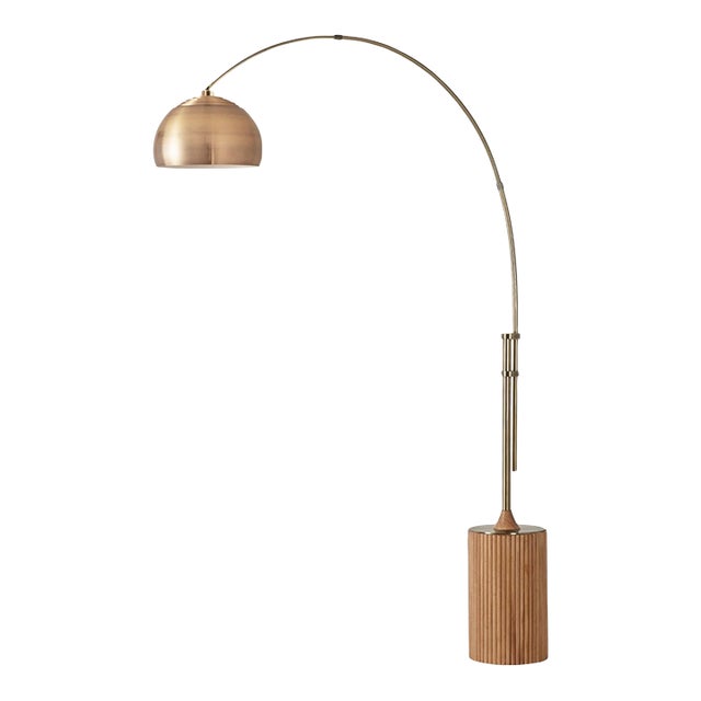 Peter Morelli 1980s Half Dome Brass Floor Lamps - Mid Century Modern Arc Lamp, Tambo Weathered Brass Steel, Natural Ash Wood Base For Sale