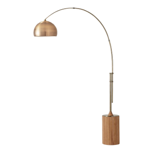 Peter Morelli 1980s Half Dome Brass Floor Lamps - Mid Century Modern Arc Lamp, Tambo Weathered Brass Steel, Natural Ash Wood Base
