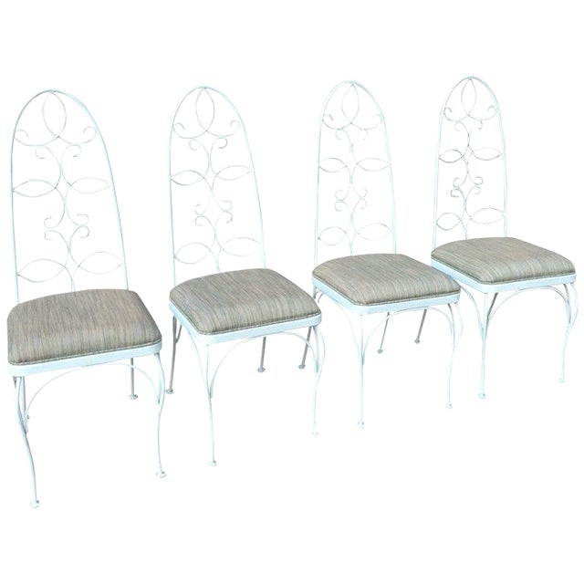 Mid Century High Back Wrought Iron Patio Garden Dining Chair Set- 4 Pieces For Sale