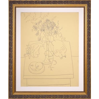 Vintage Mid Century Modernist Floral Still Life Drawing With Conch Shell and Skull by Achillo Sullo C. 1950s For Sale