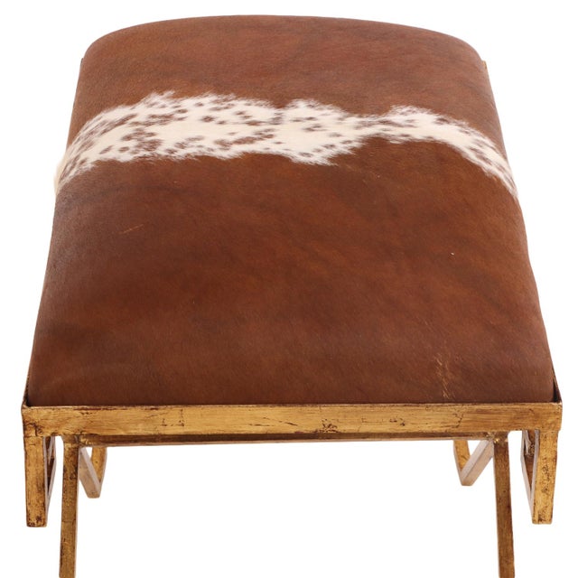 Gilt Iron Bench Upholstered in New Cowhide. Contemporary. For Sale - Image 4 of 7