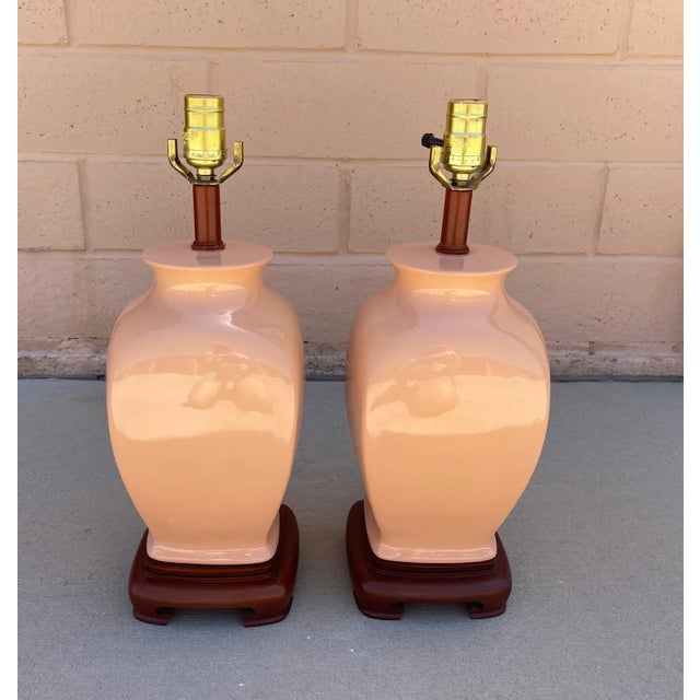 Peach Vintage Peach Colored Asian Ginger Jar Style Table Lamps-Pair For Sale - Image 8 of 8
