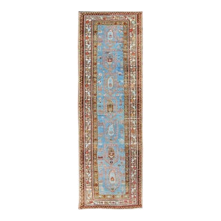 Antique Persian Kurdish Runner With Sky Blue Field and Geometric Tribal Motifs For Sale