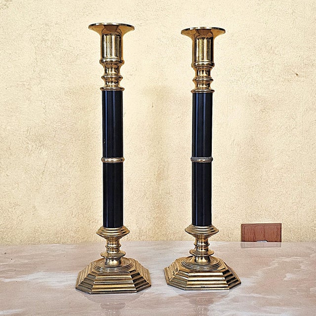Pair of Vintage Brass & Black Enamel Candlestick Holders For Sale - Image 13 of 14
