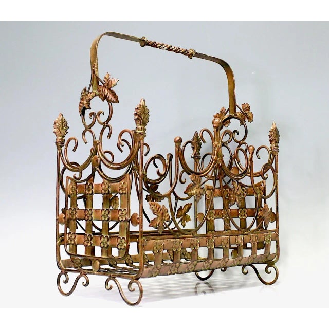 Rare Italian Wrought Iron Copper Gold Toned Magazine Stand With Rosettes and Leaves For Sale - Image 4 of 7
