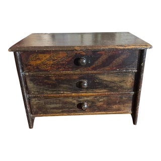 Primitive Miniature Wood 3 Drawer Chest Dresser Old Varnish Finish Tabletop For Sale