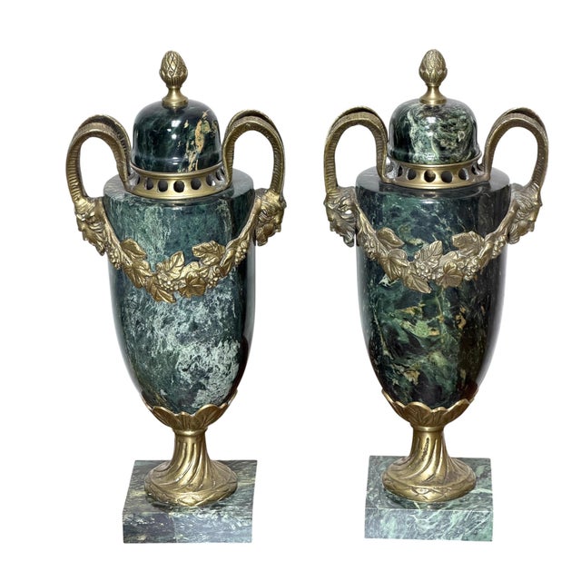Pair of Green Marble and Ormolu Urns or Cassolettes With Satyr Heads in Louis XVI Style For Sale - Image 4 of 15