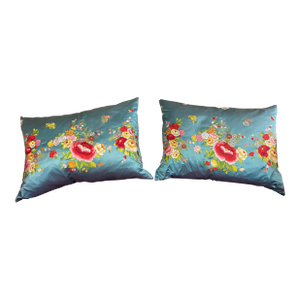 Pair of Large Vintage Floral Silk Satin Embroidered Chinoiserie Pillows