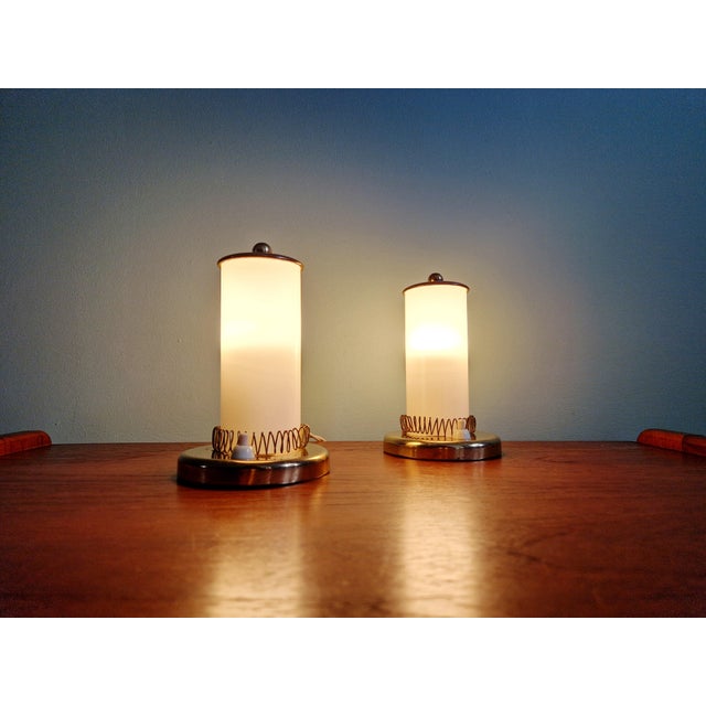 Mid-Century Modern Bedside Lamps in Brass and Cream Opaline Glass, 1950, Set of 2 For Sale - Image 6 of 16