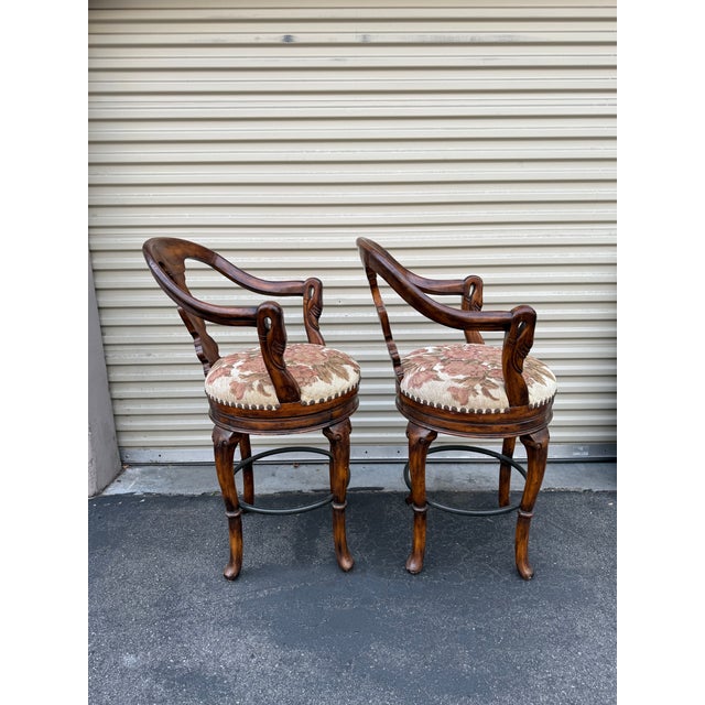 1990s 1990s Attributed to Maitland-Smith Carved Wood Swivel Bar Stools With Upholstered Seats - Pair For Sale - Image 5 of 11