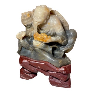 Signed Antique Carved Chinese Shoushan Hard Stone Fisherman Man Sculpture Statue For Sale