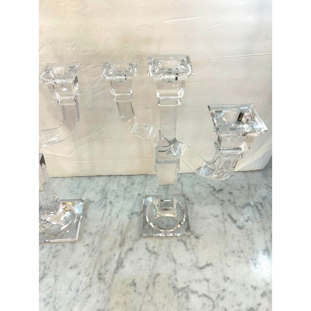 Rosenthal Austria Versace Crystal 3 - Arm Candlesticks With Frosted Medusa on the Center Arm Signed, Inscribed Set of 2 For Sale - Image 12 of 12