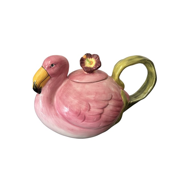 Vintage 1980s Flamingo Teapot – Trompe L’Oeil Majolica-Style Hand-Painted Ceramic Pink Flamingo Tea Pot, Whimsical Coastal...