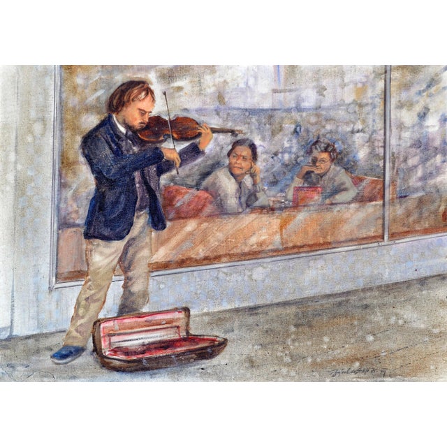 The street violinist figurative painting by Rafael DeSota (American, 1904-1992), 1979. Giltwood frame. Signed "Rafael...