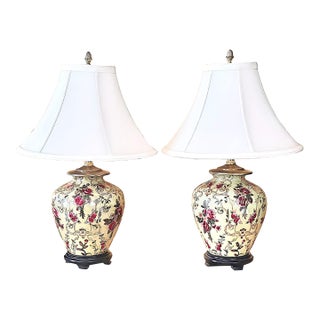 French Country Floral Porcelain Table Lamps – a Pair For Sale