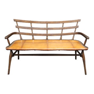 Adirondack Style Oak & Leather Bench For Sale
