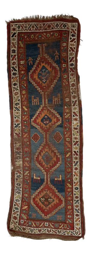 1930s Nomadic Blue, Terracotta, Red and Camel Runner Rug , 3.2 x 8.9