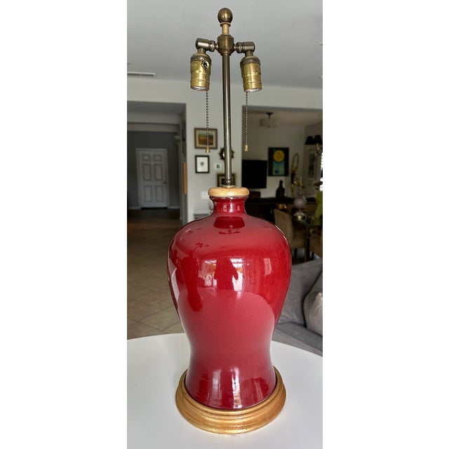 Ceramic 1960s Pair Asian Sang De Boeuf Oxblood Meiping Porcelain Table Lamps For Sale - Image 7 of 18