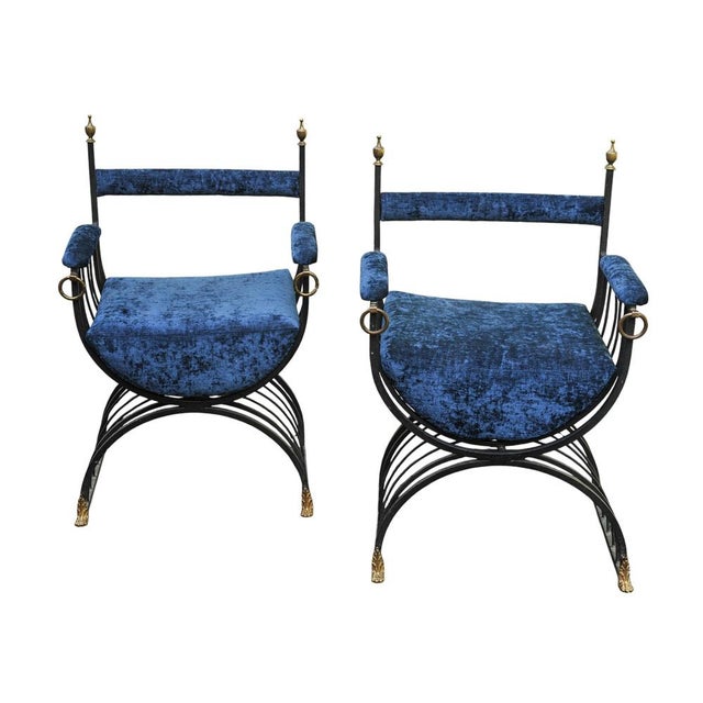 Mid-Century Modern Savonarola Chairs with Blue Velvet Upholstery, 1960s, Set of 2 For Sale - Image 9 of 11