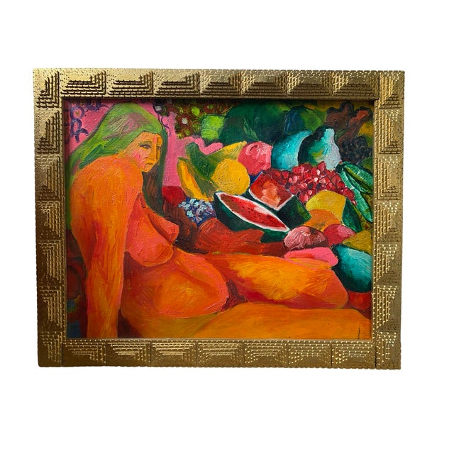 Vintage Colorful Oil on Board Painting of Nude Woman and Fruit in Handmade Geometric Wood Frame, Signed Alfonso Caliendo Circa 1990 For Sale - Image 12 of 12