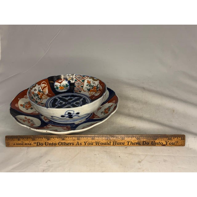 Antique Japanese Imari Bowl & Plate: Edo Period Floral Decor For Sale - Image 9 of 10