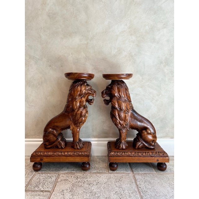 Wood Vintage Pair of Solid Wood Hand-Carved Exotic Lion Plant Stands For Sale - Image 7 of 12