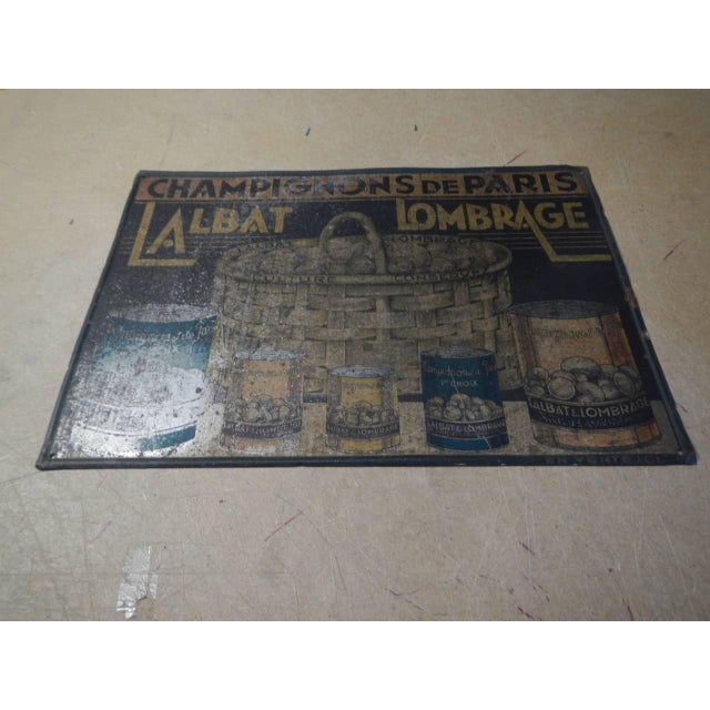 French tin advertising sign LALBAT LOMBRAGE Champignon de Paris. On the right side written “EN vente ici”. Displayed in...