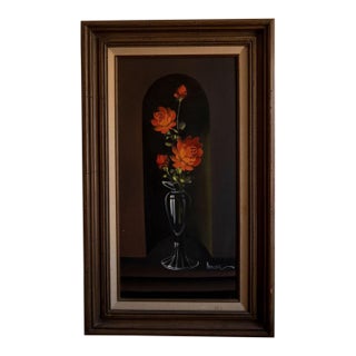 Orange Floral Vintage Still Life Oil Painting For Sale