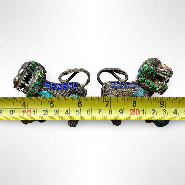 Antique Chinese Enamel Foo Dogs - Gilt Copper Filigree Temple Guardian Lions - Pair For Sale - Image 9 of 9