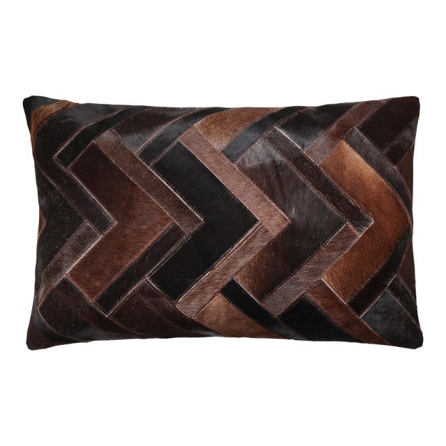 Luxury Brown Cowhide Leather Throw Pillow 16x24 | Handmade Geometric Designer Lumbar Cushion For Sale