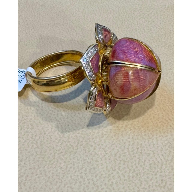 2010s Gorgeous Lotus Flower which open & Close with solitaire Diamond and Enamel S 6.5 For Sale - Image 5 of 18