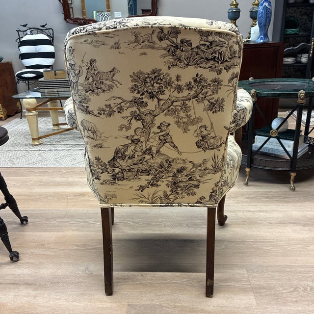 Early 20th Century Louis XV Style French Toile Arm Chairs (2) With Matching Pillows For Sale - Image 9 of 10