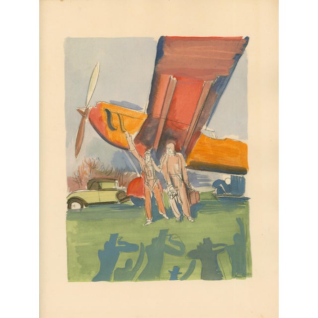 Original 1932 Art Deco sporting print by Milivoj Uzelac depicting an airplane, pilots and automobiles in a bold modernist...