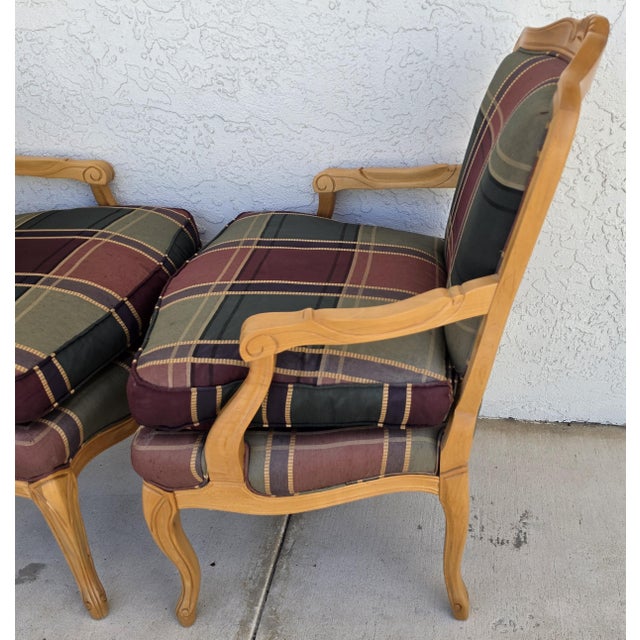 Wood Vintage Louis XV French Provincial Armchairs Plaid Tartan Fauteuil Cabriole Legs For Sale - Image 7 of 16