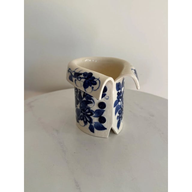 Signed Studio Pottery Figural Jacket Vase – Blue & White Floral Ceramic Sculpture – Artisan Vessel For Sale - Image 9 of 10