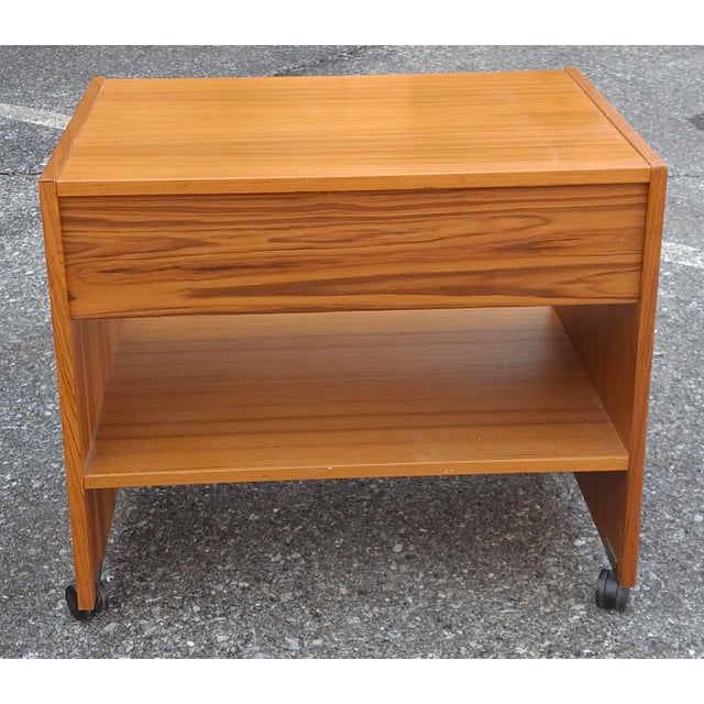 Late 20th Century Pair Scandinavian Modern Teak Rolling Side Tables or Nightstands For Sale - Image 4 of 9