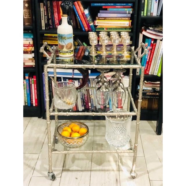 Mid-Century Modern Faux Bamboo Silver Bar Cart in the Style of Maison Bagués For Sale - Image 3 of 9