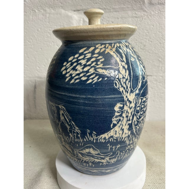 1988 Turn & Burn Seagrove Nc Hand-Carved Blue Stoneware Covered Jar For Sale In Greensboro - Image 6 of 11