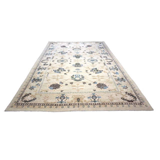 Traditional 21st Century Turkish Oushak Wool 9x13 Ivory, Olive & Blue Handmade Area Rug #1140406 For Sale - Image 3 of 9
