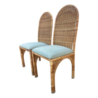 Vintage High Back Wicker Dining Chairs With Tall Arched Backs – Hollywood Regency Coastal, a Pair For Sale